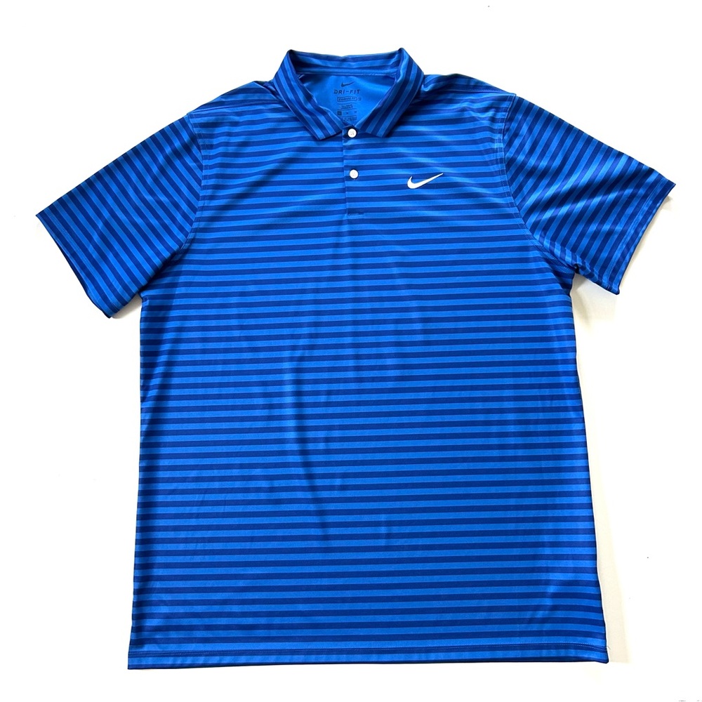 Nike Dri-Fit Classic Cobalt Royal Blue Striped Short Sleeve Polo Golf Shirt
